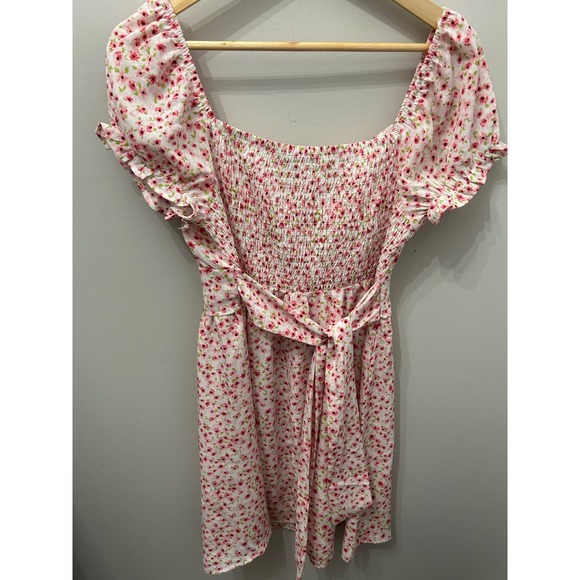 Almost Famous Dress Floral Pink Square Neck Puff Sleeve Tie Waist L - Picture 4 of 4